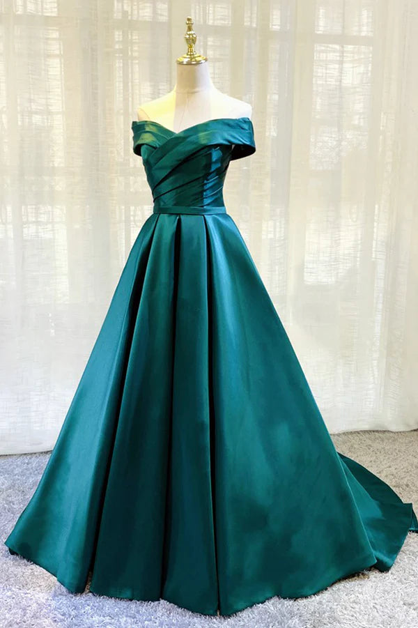Wholesale Green Satin Long A-Line Prom Dress Simple Off the Shoulder Evening Dress